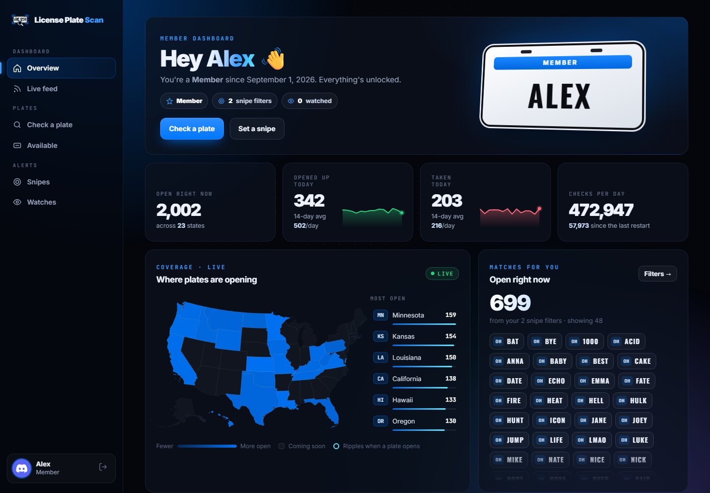 The License Plate Scan member dashboard: a live map of open plates, today's numbers and plates matching your snipes